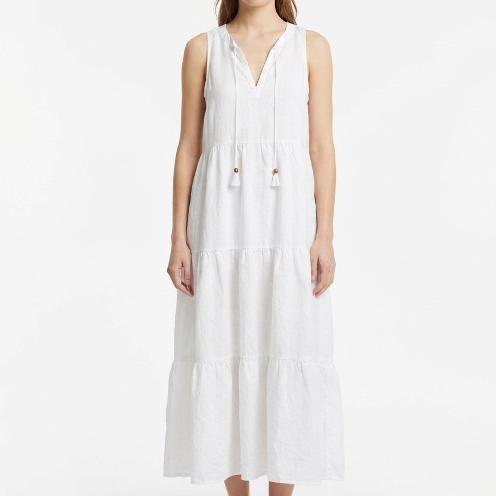 Magaschoni Maxi Dress Womens Small White Linen Tiered Sleeveless Tassel Boho